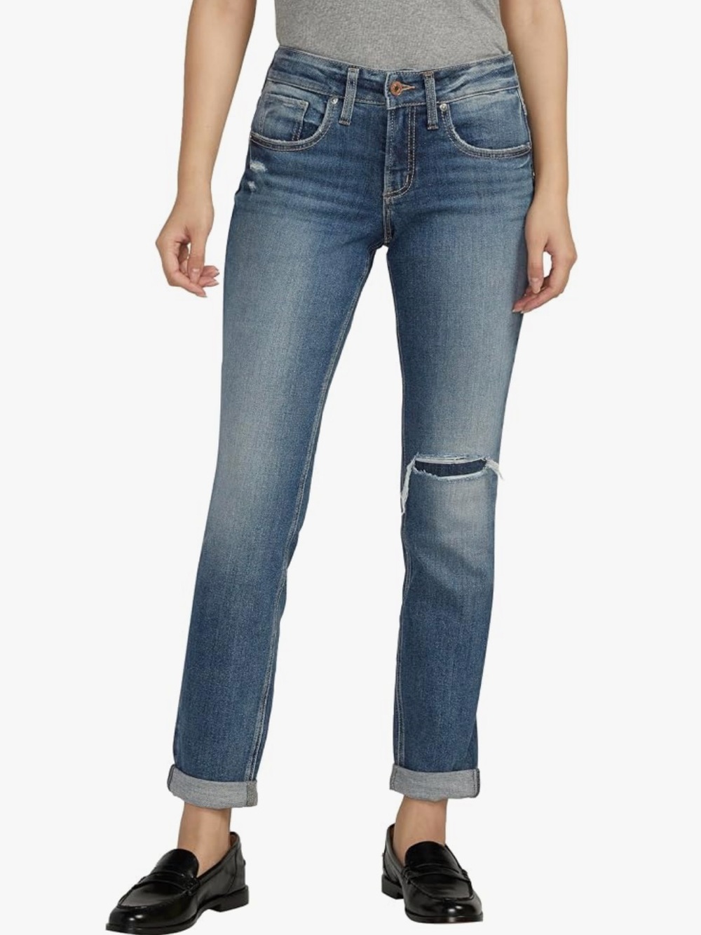 SILVER JEANS CO. Boyfriend Mid-Rise Slim Leg Denim Jeans Distressed Size 34x29 N